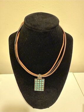Turquoise Pendant Multi Strand Leather Necklace